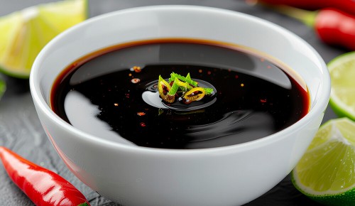 Ein weißes Schälchen gefüllt mit einer glänzenden Sauce bestehend aus Fischsauce, Limette, Honig und Chili