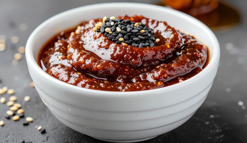 Ein weißes Schälchen gefüllt mit einer glänzenden roten Paste bestehend aus Gochujang, Sojasauce, Honig und Sesam