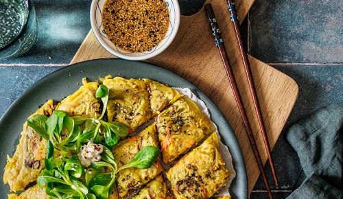 SPAR Mahlzeit! Koreanischer Gemüse-Pancake mit Black Bean Tempeh und Cottage Cheese