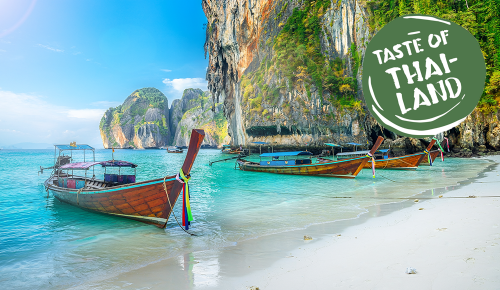 Zwei traditionelle thailändische Boote im türkisen Wasser an einem Sandstrand