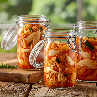Drei Einmachgläser gefüllt mit frisch fermentiertem Kimchi