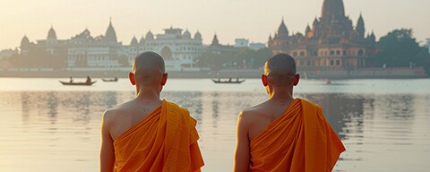 Zwei buddhistische Mönche sitzen am Ufer eines indischen Flusses mit einer Stadt im Hintergrund