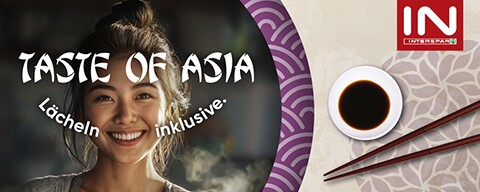 Asien-Sujet mit einer lächelnden Frau und der Aufschrift "Taste of Asia"
