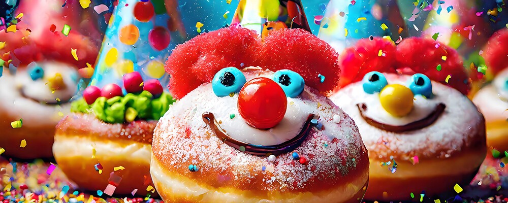 Mehrere Krapfen mit Gesichtern und viel Konfetti