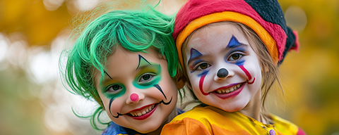 Zwei mit Clowngesichtern angemalte Mädchen lachen in die Kamera
