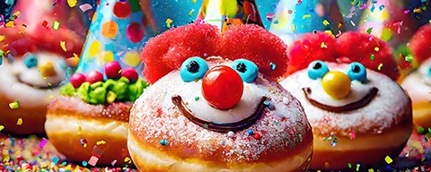 Mehrere Krapfen mit Gesichtern und viel Konfetti