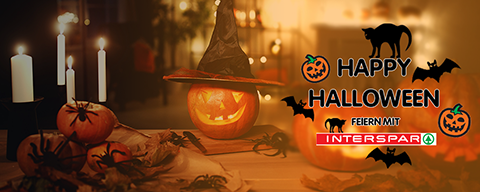 Halloween Header-Slider mit einem "Happy Halloween feiern mit INTERSPAR"-Slogan und einer thematisch passenden Bildgestaltung 