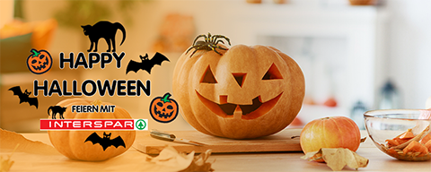 Halloween Header-Slider mit einem "Happy Halloween feiern mit INTERSPAR"-Slogan und einer thematisch passenden Bildgestaltung 