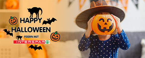 Halloween Header-Slider mit einem "Happy Halloween feiern mit INTERSPAR"-Slogan und einer thematisch passenden Bildgestaltung 