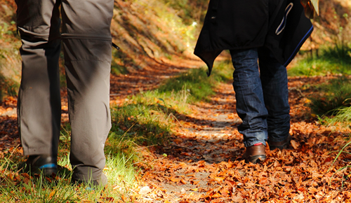 Zwei Personen beim Wandern auf einem herbstlichen Wanderweg