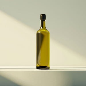 Eine Glasflasche mit Olivenöl auf einem Tisch