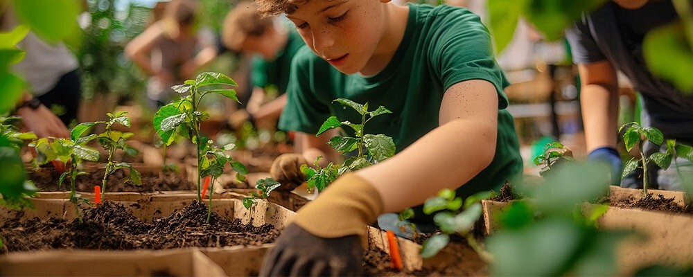 Gärtnern im erhöhten Beet und Hochbeet mit Gartenwerkzeug und Pflanzen