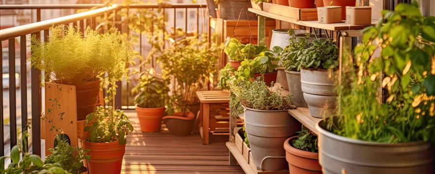 Gärtnern im Blumentopf und Pflanztrog für Gartengestaltung am Balkon und auf der Terrasse