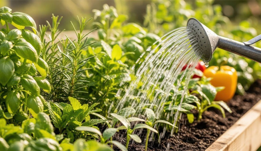 Gärtnern im erhöhten Beet und Hochbeet mit Gartenwerkzeug und Pflanzen