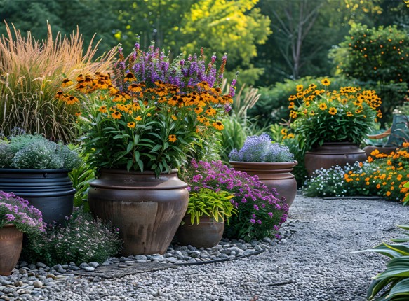 Gärtnern im Blumentopf und Pflanztrog für Gartengestaltung am Balkon und auf der Terrasse