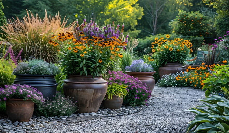 Gärtnern im Blumentopf und Pflanztrog für Gartengestaltung am Balkon und auf der Terrasse