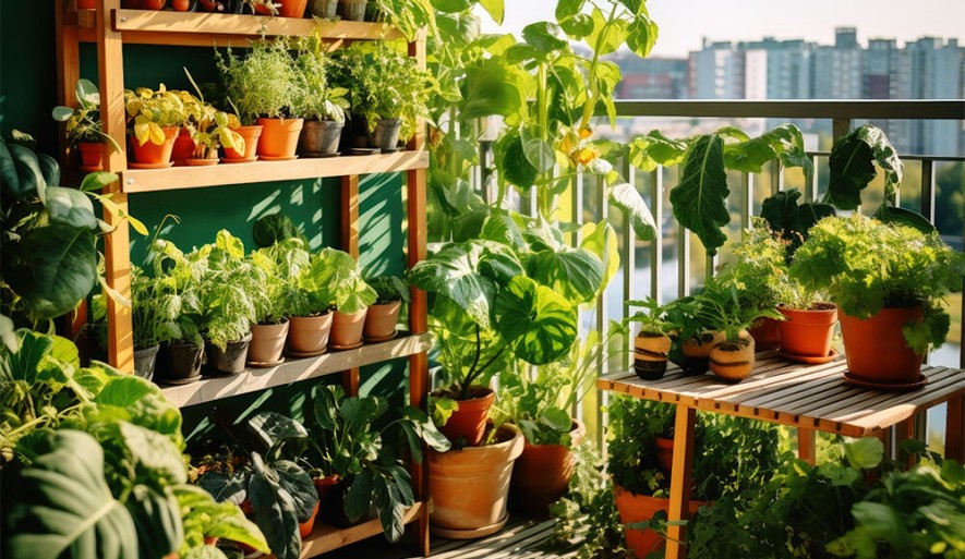 Gärtnern im Blumentopf und Pflanztrog für Gartengestaltung am Balkon und auf der Terrasse
