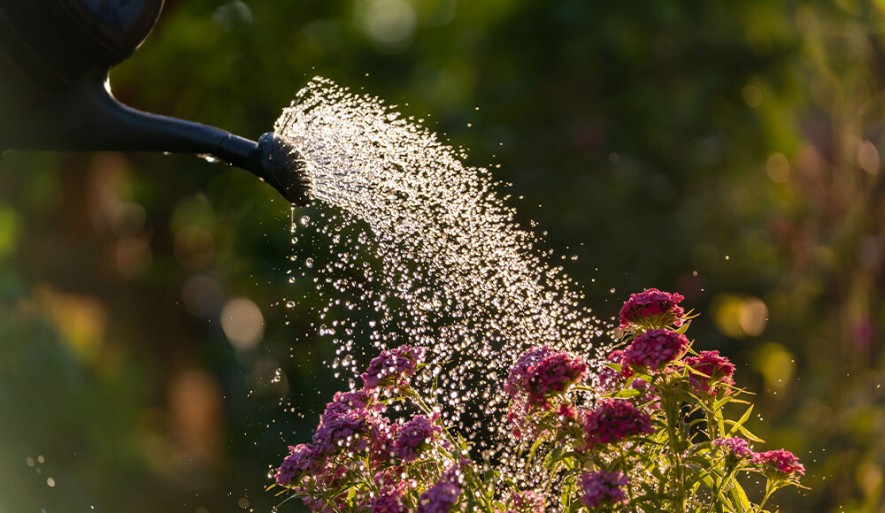 Pflanzenbewässerung und Pflanzendüngung mit Gartenschlauch oder Gießkanne