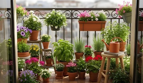 Gärtnern im Blumentopf und Pflanztrog für Gartengestaltung am Balkon und auf der Terrasse