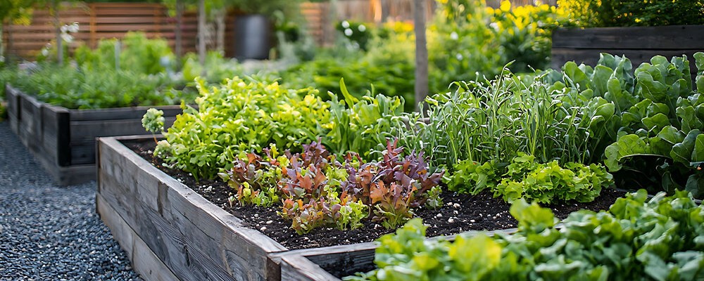 Gärtnern im erhöhten Beet und Hochbeet mit Gartenwerkzeug und Pflanzen