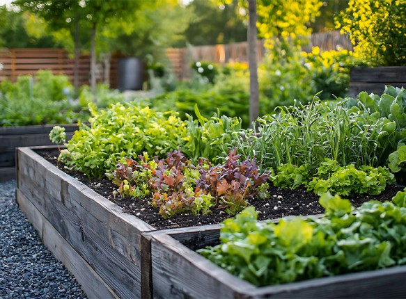 Gärtnern im erhöhten Beet und Hochbeet mit Gartenwerkzeug und Pflanzen