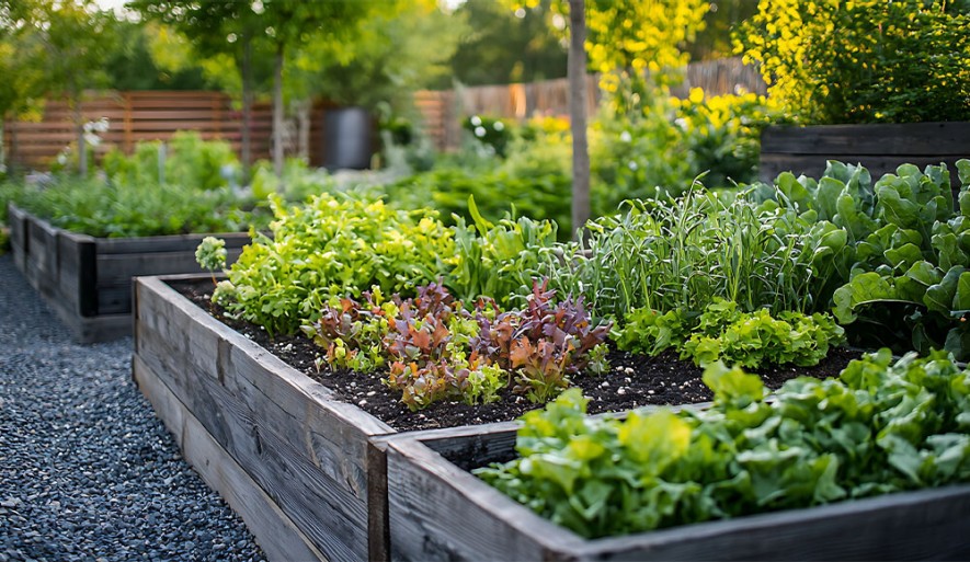 Gärtnern im erhöhten Beet und Hochbeet mit Gartenwerkzeug und Pflanzen