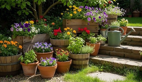 Gärtnern im Blumentopf und Pflanztrog für Gartengestaltung am Balkon und auf der Terrasse