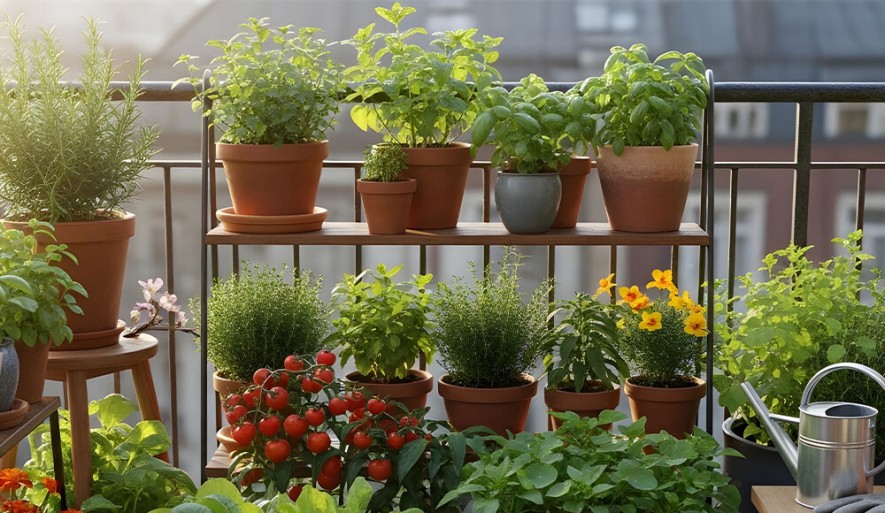 Gärtnern im Blumentopf und Pflanztrog für Gartengestaltung am Balkon und auf der Terrasse