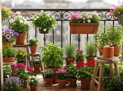 Gärtnern im Blumentopf und Pflanztrog für Gartengestaltung am Balkon und auf der Terrasse