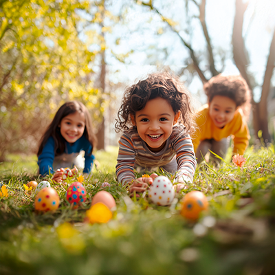 Mehrere kleine Kinder beim Suchen von Ostereiern in einem Garten