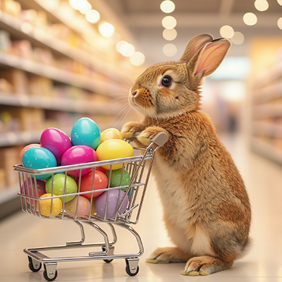 Ein kleiner brauner Osterhase schiebt einen Einkaufswagen voller Ostereier durch einen Supermarkt