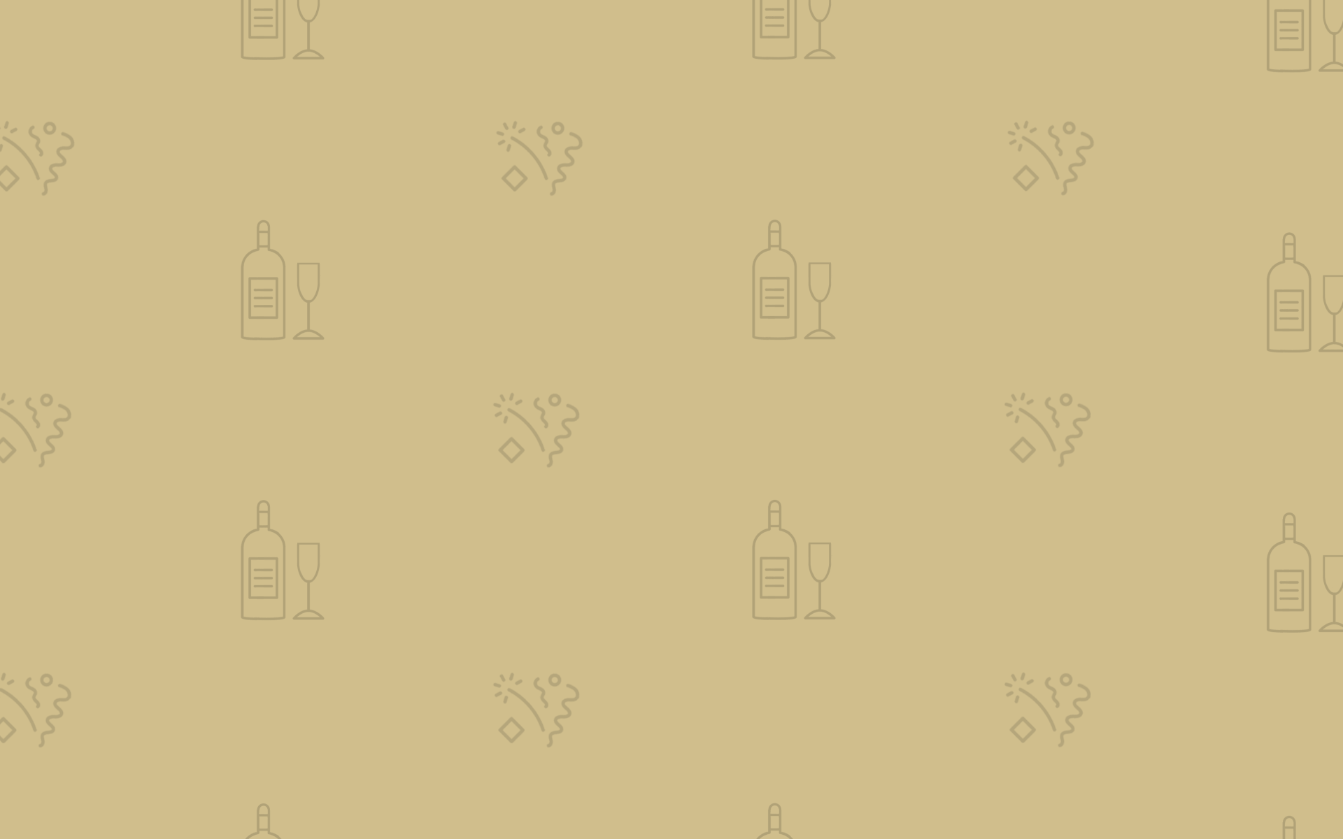 Viele kleine Sektflaschen-, Sektglas- und Konfetti-Icons auf einem goldenen Hintergrund