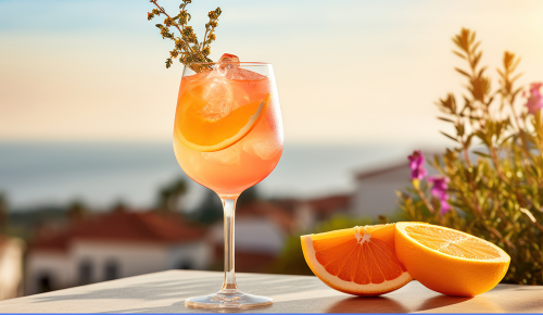 Ein Glas Aperol vor einem Sonnenuntergang im Hintergrund