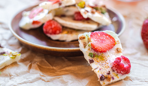 Eine Tafel bestehend aus Frozen Jogurt, getrockneten Beeren und Nüssen