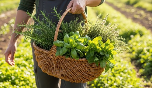 Adult caucasian female harvesting fresh herbs in a sunny garden with brown wicker basket full of greenery.