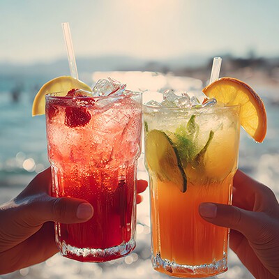 mit Mocktail anstoßen vorm Wasser.