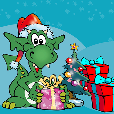 Ein kleiner grüner Drache namens INGO mit einer Weihnachtsmütze neben Geschenken und einem Christbaum