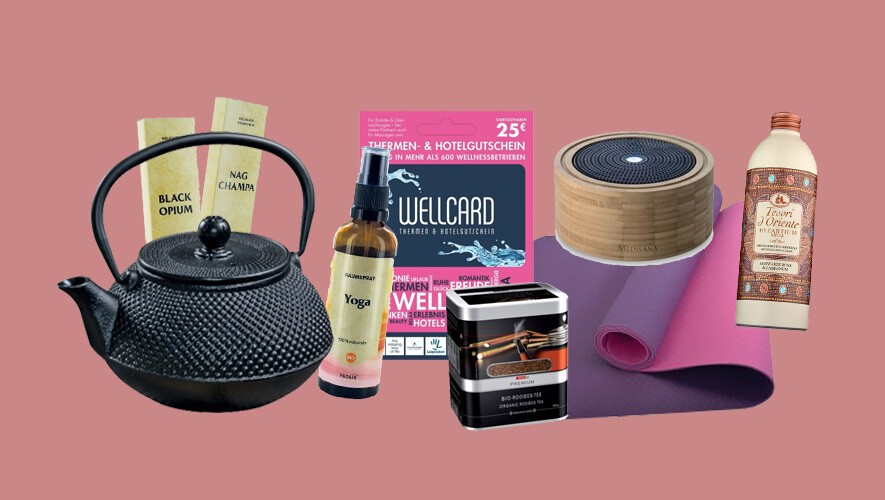 Eine Grafik mit Geeschenksvorschlägen. Verschiedene Produkte auf farbigem Hintergrund