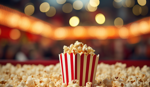 Eine Packung Popcorn steht auf losen Popcorn in einem Kinosaal