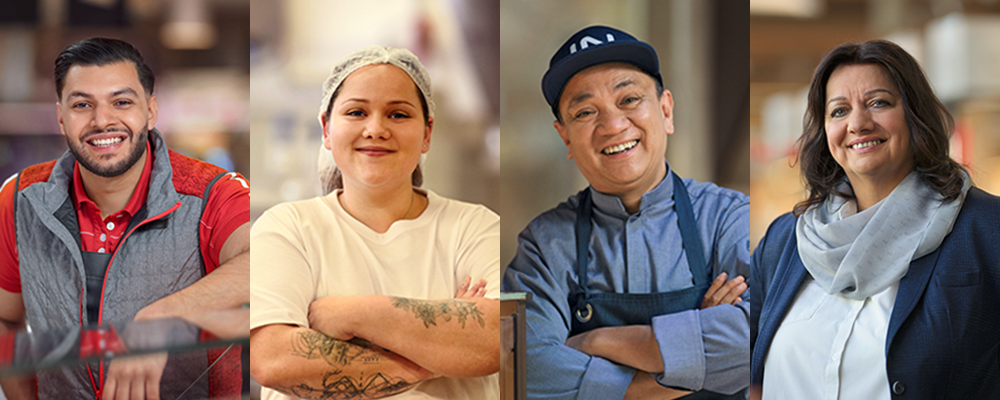 Vier INTERSPAR-Mitarbeiter:innen aus verschiedenen Bereichen