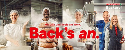 Vier verschiedene Berufe in den INTERSPAR-Bäckereien mit der Aufschrift "Back's an."