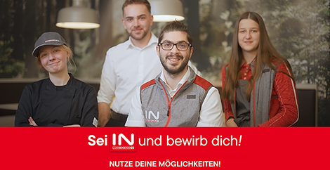 Vier INTERSPAR-Lehrlinge aus unterschiedlichen Lehrberufen und der Text "Sei IN und bewirb dich!"