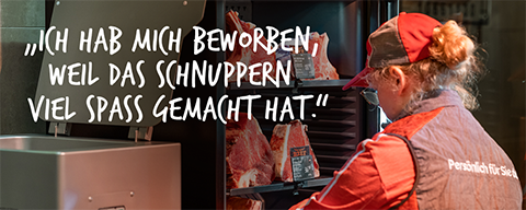 Sujet mit der Aufschrift: "Ich hab mich beworben, weil das Schnuppern viel Spass gemacht hat."