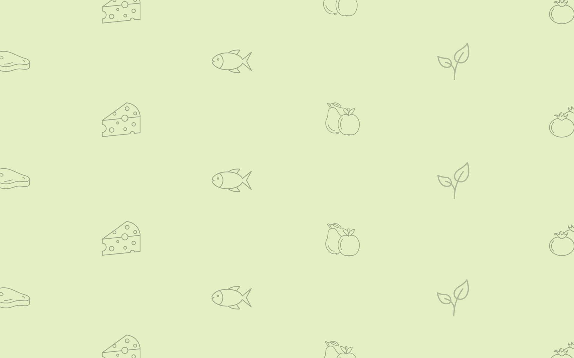Viele kleine Fleisch-, Käse-, Fisch-, Obst-. Pflanzen- und Gemüse-Icons auf einem hellgrünen Hintergrund