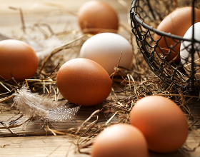 Mehrere frische Eier neben einem Körbchen