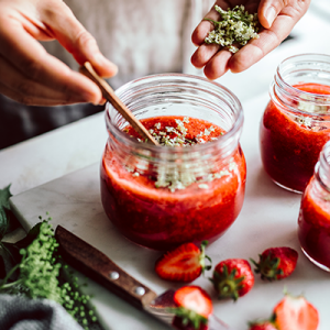 Ein Glas Erdbeermarmelade mit Holunderblüten