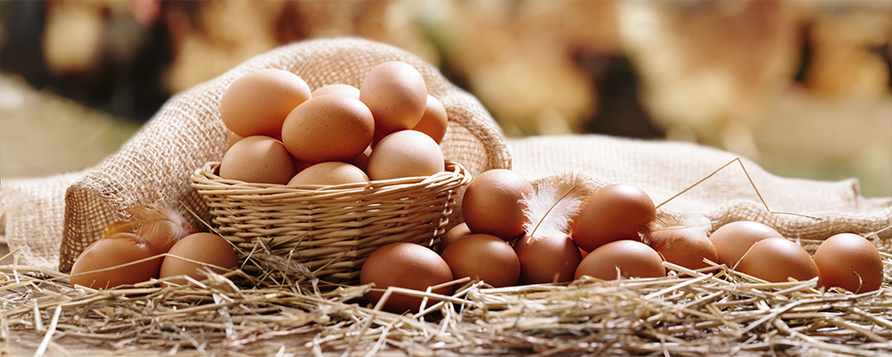 Mehrere braune Eier neben einem Körbchen aus Stroh