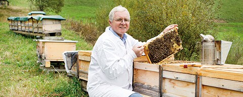 Ein Mitarbeiter der Imkerei Neber neben Bienenkästen