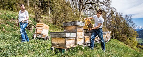 Zwei Mitarbeiter:innen der Imkerei Mayrhofer neben Bienenkästen