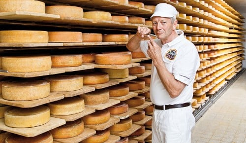 Ein Mitarbeiter der Sennerei Huban neben einem Regal voller Käse